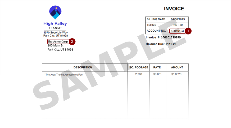 Sample HVT Invoice bill with the account number highlighted